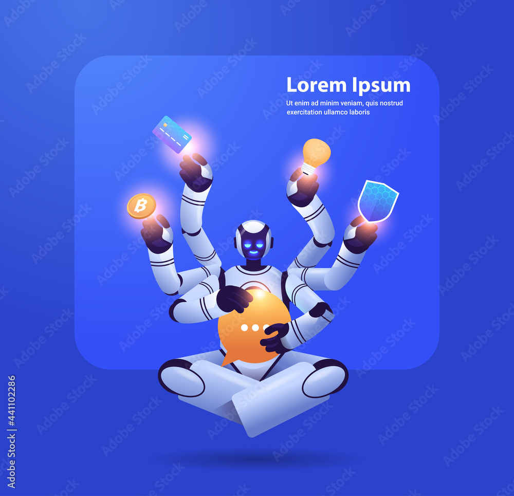 Poster modern robot with many hands multitasking robotic character artificial intelligence concept