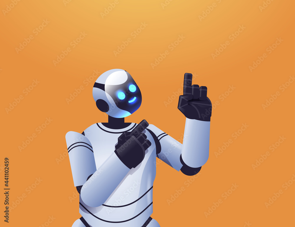 Poster cute robot cyborg pointing at something modern robotic character artificial intelligence technology 
