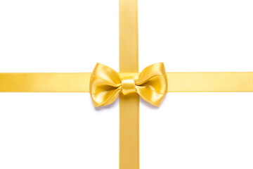 Beautiful golden ribbon with bow on white background