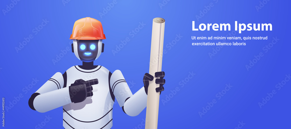 Poster robot foreman engineer in hardhat holding construction drawings modern robotic architect with bluepr