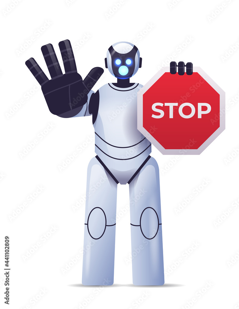 Poster robot cyborg holding red stop sign robotic character showing no entry hand gesture artificial intell