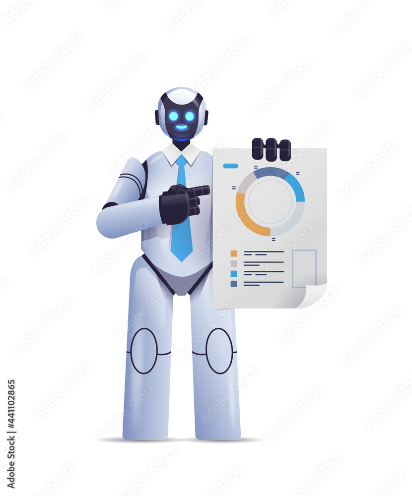 Poster modern robot analyzing statistics diagram financial data analyzing artificial intelligence technolog