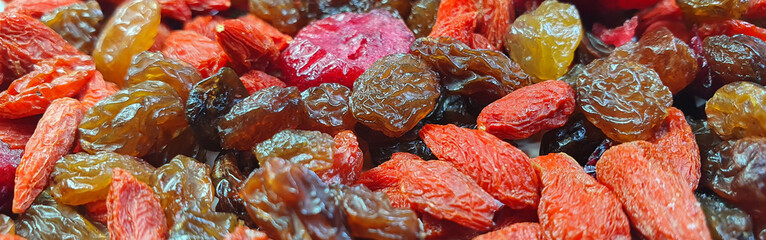 many dehydrated fruits in close-up