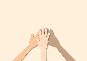 Diverse hands of different color stacking hands together in team concept demonstrating unity, diversity, paper cut design style.