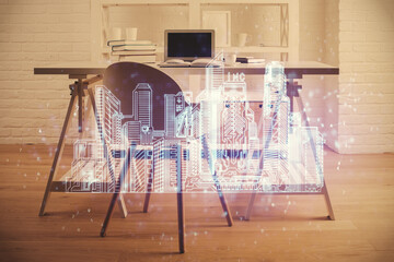 Multi exposure of town drawings and office interior background. Smart city concept.