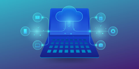 Cloud computing - cloud management -cloud networking technology, laptop with cloud data processing system, futuristic abstract technology background. 
