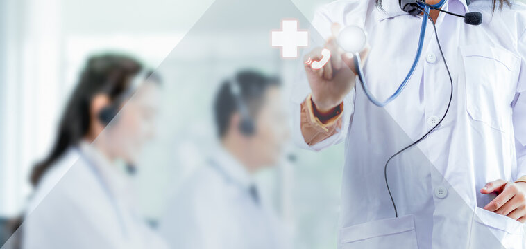 Double exposure background and mixed images banner of doctor telemedicine consultant or health emergency service online call center at hospital with copy blank space.