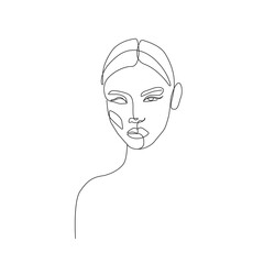 Abstract Woman Continuous Line Art Vector Drawing. Female Face in Modern Minimalist Simple Linear Style Black Sketch Isolated on White Background. Beauty Fashion Drawing for Print, Poster, Wall Decor.
