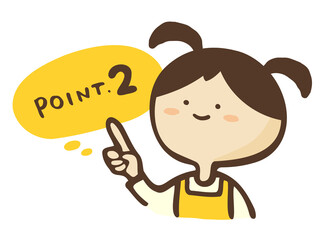 かわいいエプロンをした女性と指差しのPOINT文字　吹き出し説明／手書き文字イラスト