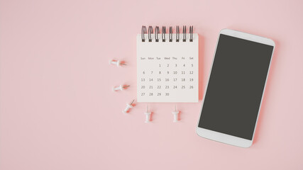 white smart phone with clipping path on touchscreen , opened calendar and thumbtacks on sweet pastel pink background for dating , appointment ,meeting ,planning or reminder concept