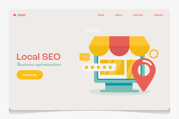 Local seo business optimization, local store map point visible on search engine page, geo tagging search optimization, ecommerce advertising concept. Web banner landing page template. - obrazy, fototapety, plakaty