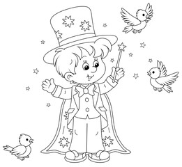 Little boy illusionist with a mysterious hat and a magic wand, conjuring tricks with small birds in a circus performance, black and white outline vector cartoon illustration for a coloring book page
