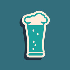 Green Glass of beer icon isolated on green background. Long shadow style. Vector