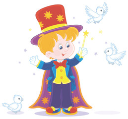 Little boy illusionist with a mysterious hat and a magic wand, conjuring tricks with white birds in a circus performance, vector cartoon illustration isolated on a white background