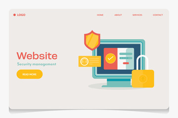 Website security management software, encryption technology, internet security, data protection, digital privacy safety login concept. Flat design web banner template.