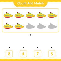 Count and match, count the number of Submarine and match with the right numbers. Educational children game, printable worksheet, vector illustration