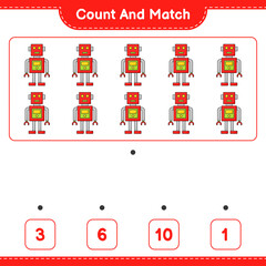 Count and match, count the number of Robot Character and match with the right numbers. Educational children game, printable worksheet, vector illustration