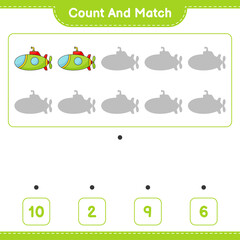 Count and match, count the number of Submarine and match with the right numbers. Educational children game, printable worksheet, vector illustration