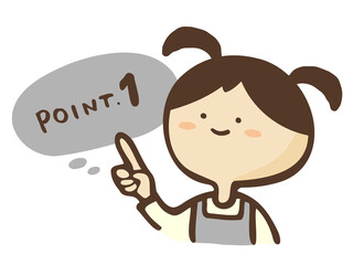 かわいいエプロンをした女性と指差しのPOINT文字　吹き出し説明／手書き文字イラスト