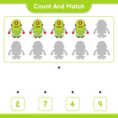 Obraz premium Count and match, count the number of Robot Character and match with the right numbers. Educational children game, printable worksheet, vector illustration
