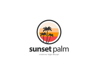Retro vintage palm tree logo design. sunset and palm logotype template