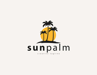 Tropical palm tree and sun logo template