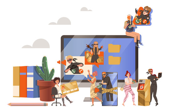 Cybercriminal Committing Network and Computer Crime Harming Security and Financial Health Vector Illustration