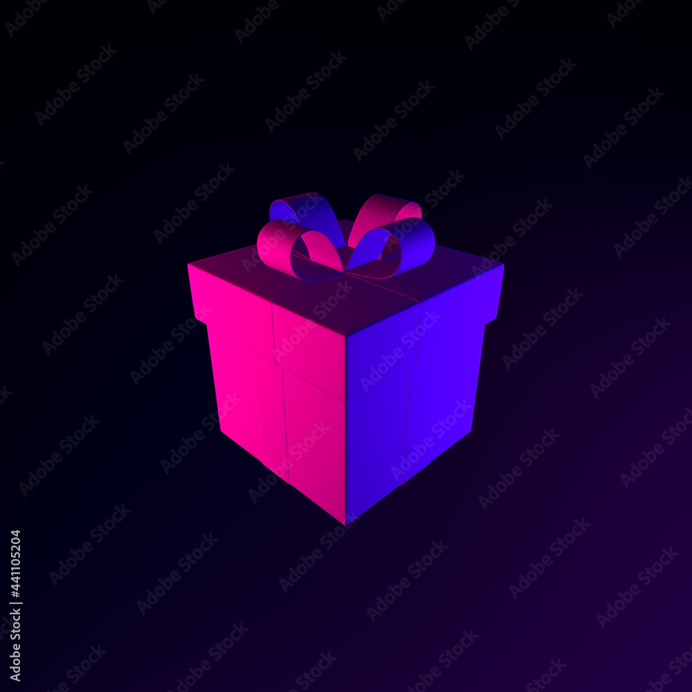 Poster neon gift icon with bow. 3d rendering interface ui ux element. dark glowing symbol.