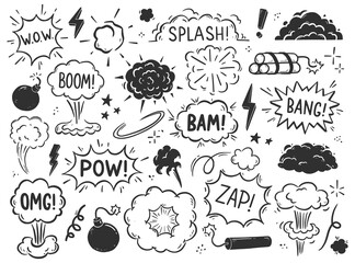 Hand drawn explosion, bomb element. Comic doodle sketch style. Explosion speech bubble with pow, boom, omg text. Vector illustration. - obrazy, fototapety, plakaty