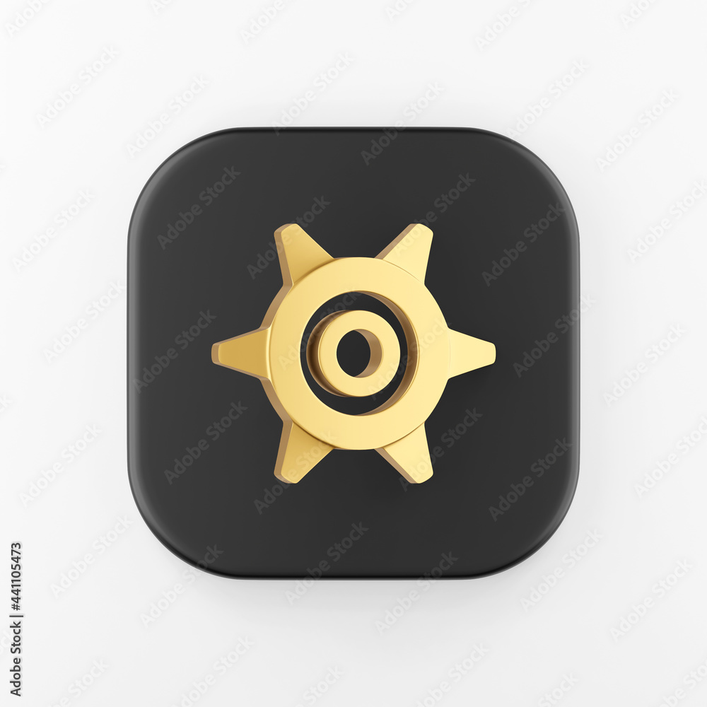 Poster gold gear icon in cartoon style. 3d rendering black square button key, interface ui ux element.