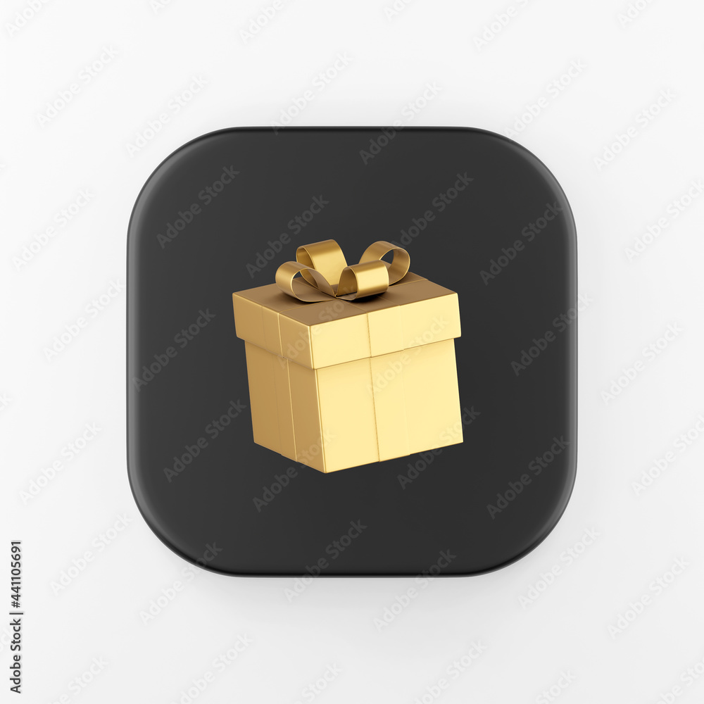 Poster gold gift icon with bow. 3d rendering black square button key, interface ui ux element.