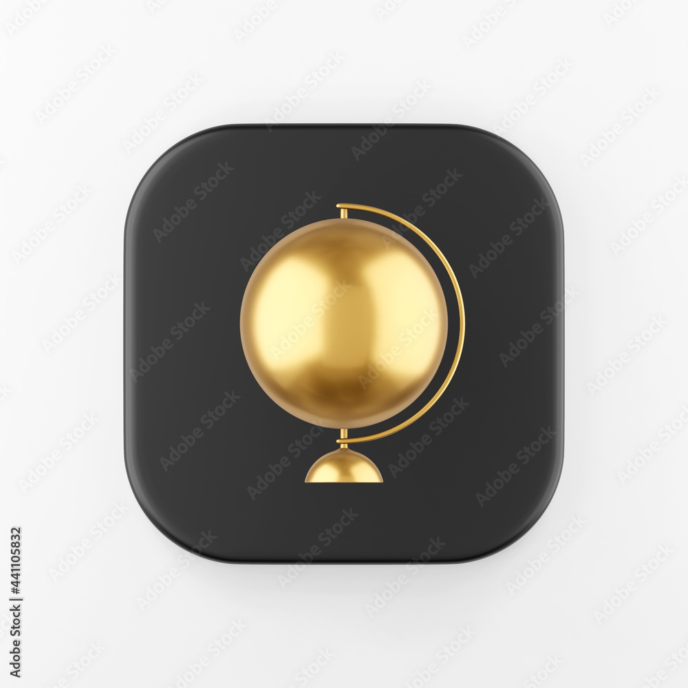 Poster golden minimalistic globe icon in cartoon style. 3d rendering black square button key, interface ui 