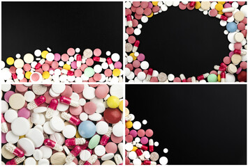 Background of assorted pharmaceutical capsules and medication in different colors.