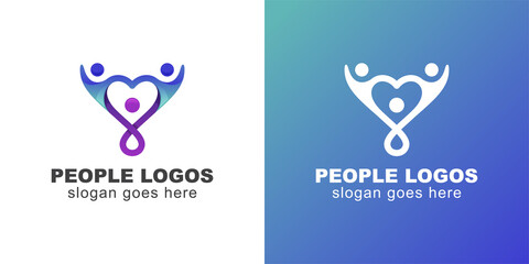 colorful people care or happy humanity with love shape design concept, People family together human unity logo template