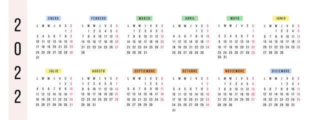 Spanish horizontal calendar 2022 year. Vector stationery calendar week starts Monday. Yearly organizer. Simple calendar template in minimal design. Business illustration.