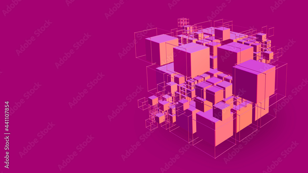 Poster Cube of composite elements, blockchain space, data array, pink banner, business poster, digital data innovation 3D illustration