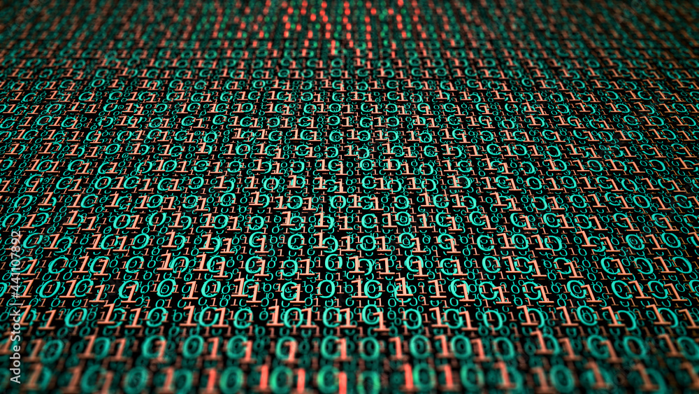 Poster Binary code, digital data field, information flow. 3d illustration of ones and zeros, tech background