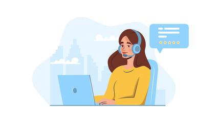 Fototapeta na wymiar Customer service. Woman with headphones and microphone with laptop. Concept illustration for support, assistance, call center. Vector illustration in flat style