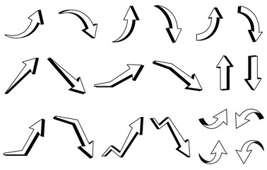 立体的なかわいい矢印のイラスト　上昇と下降　モノクロ