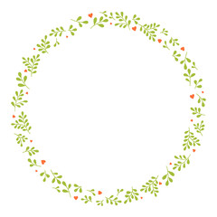 Fototapeta na wymiar Elegant round frame with leaves twigs and red hearts. Perfect for wedding invitations, postcards, decor, girl celebrations and more.