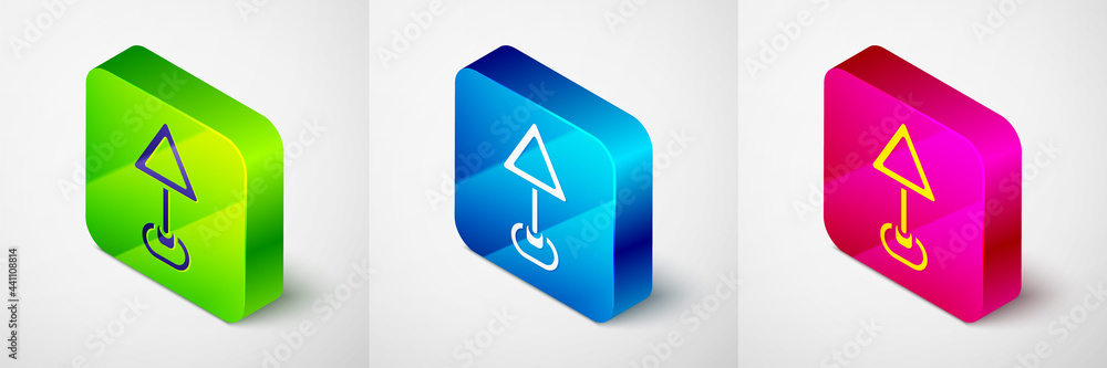 Poster isometric triangle warning blank icon isolated on grey background. traffic rules and safe driving. s