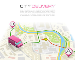Delivery navigation route, City map point marker isometric delivery van, schema itinerary delivery car, city plan GPS navigation itinerary destination arrow city map Route check point business graphic