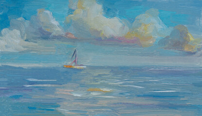 Cloud sea oil painting. Abstract blue seascape with cumulus clouds sailboat. Impressionism, plein-air etude. The concept of summer, recreation. Artistic pictorial background, creative postcard design