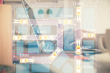 Double exposure of woman hands typing on computer and automobile theme drawing. High Tech concept.