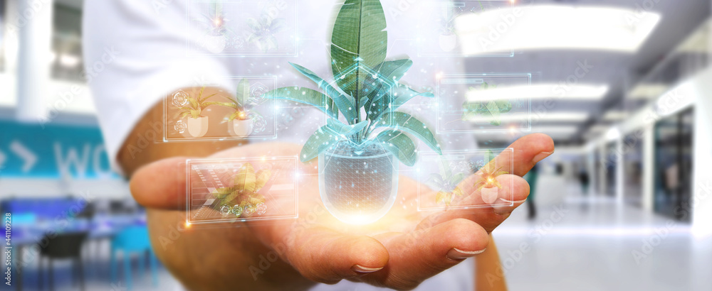 Poster man holding and touching holographic projection of a plant with digital analysis 3d rendering