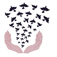 Freedom symbol. Free flight. Hands release the dove of peace. Vector illustration 