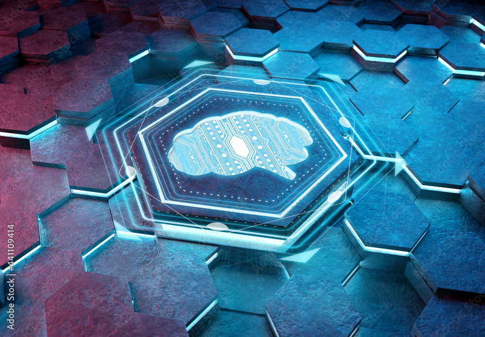 Poster brain icon concept engraved on metal hexagonal pedestral background. artificial intelligence symbol 