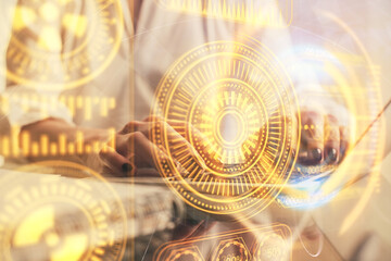 Fototapeta premium Double exposure of woman hands typing on computer and technology theme drawing. High Tech concept.