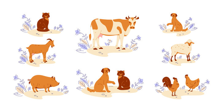 Farm animals set in flat style. Collection of animals on nature in cartoon style cow goat sheep rooster chicken cat dog pig.