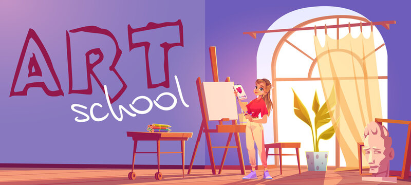 Art school cartoon banner. Artist girl at easel paint flower. Painter young woman in teenage clothes holding pencil and sketchbook with rose blossom sketch. Workshop studio class vector illustration